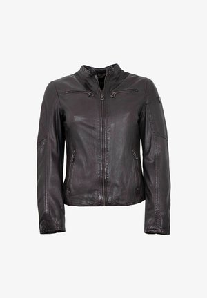 Schwarze Lederjacke mit Stehkragen, Reißverschluss vorne und zwei Reißverschlusstaschen. Glatte Textur mit minimalen Nähdetails.