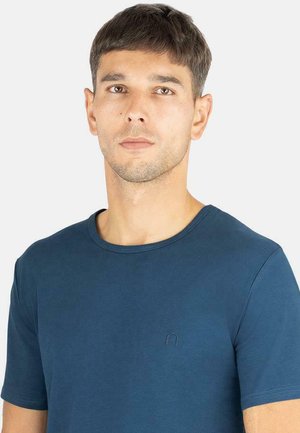 Marineblaues Kurzarm-T-Shirt aus Baumwolle mit rundem Ausschnitt und einem dezenten gestickten Logo auf der Brust. Weiche Textur.