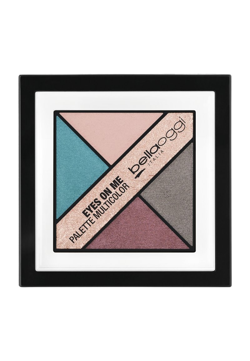 Palette di ombretti multicolore con forma rettangolare. Contiene tonalità di rosa, teal, grigio e viola. Scocca nera con bordo bianco.