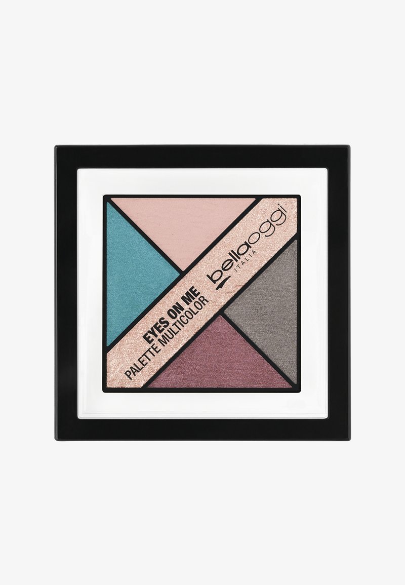 Palette di ombretti multicolore con forma rettangolare. Contiene tonalità di rosa, teal, grigio e viola. Scocca nera con bordo bianco.