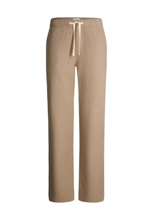 Beige rechte broek met elastische tailleband en wit trekkoord, ontworpen voor casual of loungegebruik.