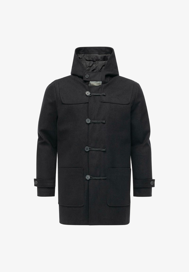 Black wool duffle coat with hood, four toggle buttons, cuff straps, and two front patch pockets.