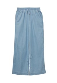 Jasnoniebieskie szerokie spodnie wykonane z miękkiego materiału. Posiadają elastyczny pas z sznurkiem i dwie boczne kieszenie. Prosty design bez wzorów.