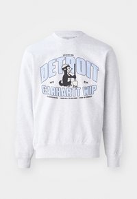 Felpa grigia con polsini e orlo a costine, caratterizzata da una stampa grafica di un orso con un elmetto e la scritta "Detroit Carhartt WIP" in blu.