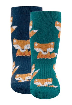 Pair of children's socks, one dark blue and one teal, each patterned with orange and white fox faces.