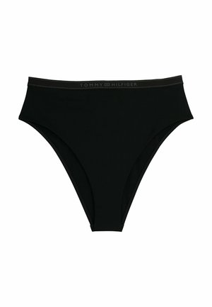 Schwarzer Bikini-Unterteil mit hohem Bund, hergestellt aus glattem Material mit einem schmalen elastischen Bund, der das Markenlogo zeigt.