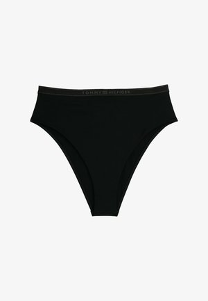 Zwarte bikini onderkant met een hoge taille, gemaakt van gladde stof met een smalle elastische tailleband, waarop het merkimago is weergegeven.