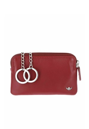 Red leather pouch with a zipper and two silver chain keyrings attached, featuring a small silver logo on the bottom right.