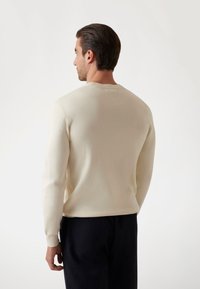 Pulover ușor de culoare crem, cu un finisaj texturat, decolteu rotund și manșete lungi, asortat cu pantaloni închiși la culoare. Design minimalist, fără modele.