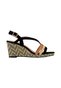 Black suede wedge sandal with herringbone-patterned woven base. Features crisscross straps in tan, cream, and black. Buckle closure at ankle.