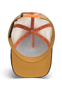 Cappello da baseball giallo con rete posteriore, visiera nera e banda interna arancione con la scritta "THE FARM." Dettagli di cucitura visibili.
