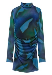 Robe à manches longues avec col montant, côtés froncés, et un motif fluide dans des tons de bleu et vert sur un tissu léger.