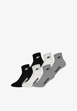 Set of three pairs of crew socks: black, white, and grey. Each pair features a ribbed cuff and printed "Starter" logo. Cotton blend material.