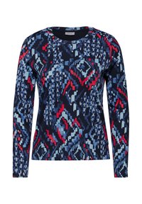 Langermige marineblauwe top met een geometrisch patroon in rood, lichtblauw en donkerblauw. Gemaakt van een zachte, rekbare stof met een ronde hals.