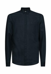Camicia a maniche lunghe blu navy scura con bottoni, realizzata in tessuto testurizzato, con colletto button-down e una piccola tasca sul petto con dettagli del logo.