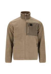 Beige fleece jacket with high collar, front zipper, zippered chest pocket with black patch, and two zippered side pockets.