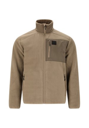 Beige fleecejacka med hög krage, framdragkedja, dragkedjefickor på bröstet med svart lappar och två dragkedjefickor på sidorna.