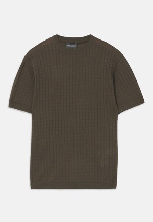 Olive green short-sleeve knit sweater with a textured, ribbed pattern and a round neckline. Made from a soft, lightweight fabric.