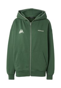 Sweat à capuche zippé vert foncé avec poches sur le devant, texte blanc ""PEGADOR"" sur la poitrine gauche et un petit motif blanc sur la poitrine droite.