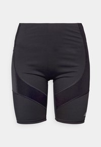 Černé sportovní šortky vyrobené z elastického materiálu, s vysokým pasem a kontrastními vzory na bocích.