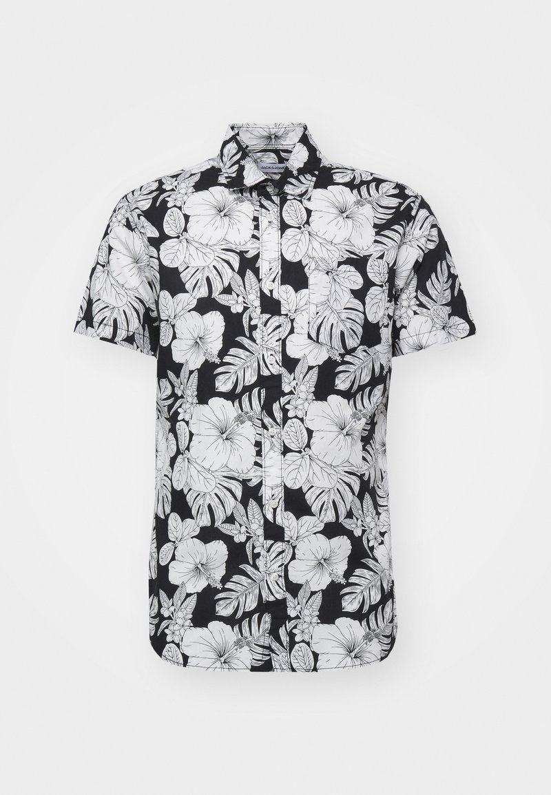 Korte mouw shirt met een zwarte achtergrond en gedurfde witte bloem- en bladrandpatronen, met een kraagontwerp en een rechte zoom.