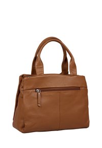 Brun læderhåndtaske med to håndtag, en lynlåslomme foran og en struktureret finish. Kompakt med en struktureret form.