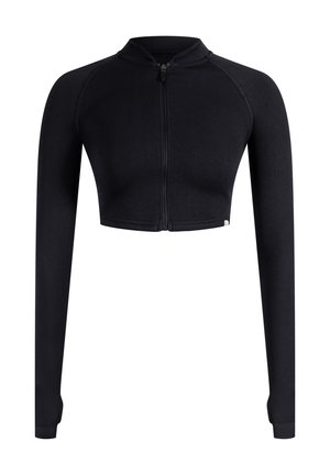 Giacca nera cropped con zip, maniche lunghe, texture a coste e colletto alto. Presenta una chiusura con zip nella parte anteriore.