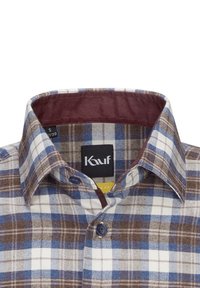 Camicia a quadri con colori blu, marrone e bianco. Realizzata in cotone, con colletto button-down e una fodera interna bordeaux.