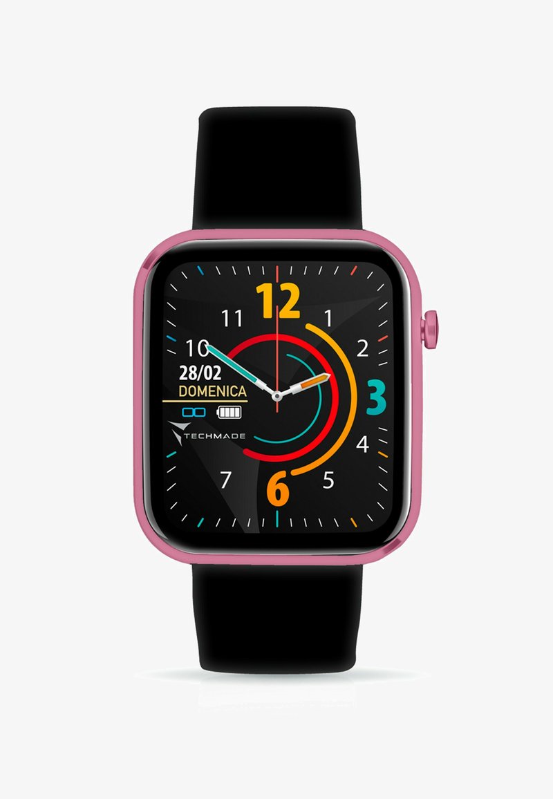 Orologio smartwatch quadrato con schermata nera, cornice rosa e cinturino in silicone nero. Presenta indicatori delle ore colorati e un display digitale per la data.