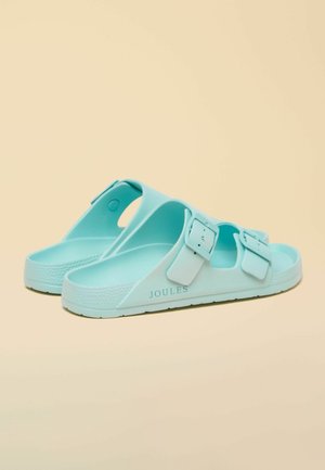 Een paar lichtblauwe rubberen slippers met twee gespen en het merk "JOULES" op een beige achtergrond.