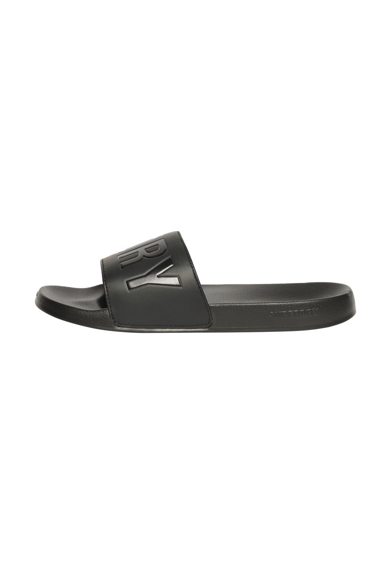 Sort slidesandal lavet af glat syntetisk materiale. Har en bred rem med forhøjet logo, flad sål og minimalistisk design.