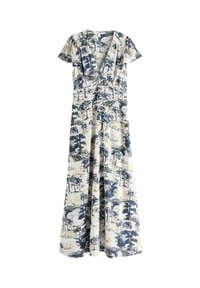 Robe longue avec manches courtes volantées, décolleté en V profond, et imprimé paysage d'arbres bleu-beige sur tissu blanc.