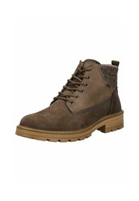 Stivali ankle in pelle marrone con risvolto in tessuto texturizzato, lacci frontalmente e suola resistente. Caratterizzati da dettagli di cucitura lungo i bordi.