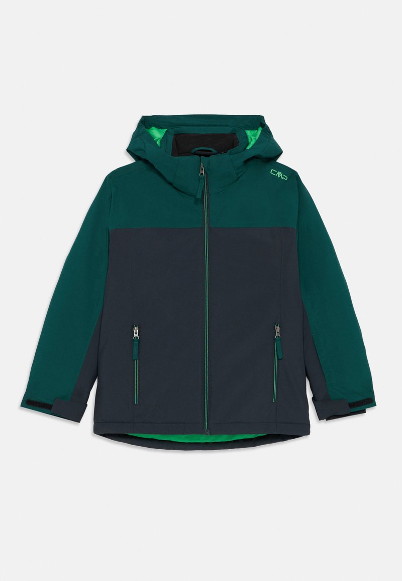 Casaco bicolor em azul marinho escuro e verde intenso, com capuz, fecho frontal, dois bolsos laterais e detalhes em verde.