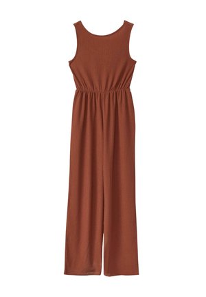 Brązowy kombinezon bez rękawów z szerokimi nogawkami, elastyczną talią, okrągłym dekoltem i teksturowaną tkaniną.