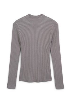 Langärmliger, gerippter Pullover in hellgrau. Besitzt einen hohen Kragen und eine taillierte Form mit einer weichen, strukturierten Oberfläche.