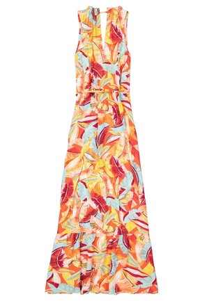 Robe maxi sans manches avec encolure en V, taille élastique, et imprimé vibrant de feuilles tropicales aux tons orange, rouge, jaune, bleu et rose.