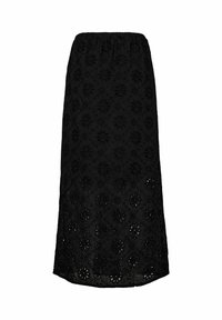 Zwarte midi-jurk met een elastische tailleband, voorzien van bloemenborduursels en uitsnijpatronen door de stof voor extra textuur.