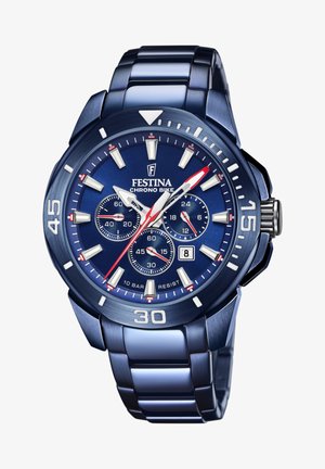 Analogue wristwatch with a blue metallic case and band, featuring a blue dial, white hour markers, red accents, and chronograph subdials.