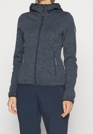 Fleecejacka i mörkgrått med strukturerad yta, dragkedja fram, justerbar huva och två sidofickor. Har elastiska ärmslut.