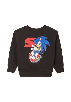 Felpa nera con un grafico colorato di Sonic the Hedgehog e lettering rosso. Collo e polsini a costine; tessuto morbido e texturizzato.