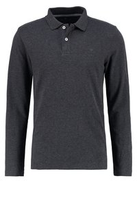 Mörkgrå långärmad polo skjorta i mjukt bomullsmaterial. Har en krage, tre knappar framtill och en liten logotyp på bröstet.