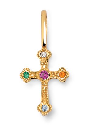 Colgante de cruz dorada que presenta cinco piedras preciosas coloridas: verde, rosa, naranja y dos transparentes. Superficie texturizada con acentos florales.
