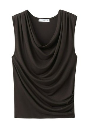 Top negru fără mâneci, cu decolteu drapat în stil fald și adunături moi pe o parte, realizat dintr-un material fin.