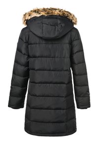 Sort pufferjakke med hætte foret med faux pels. Horisontal quiltning, mellemlang design og sømfri finish. Ingen synlige metaldel eller accenter.