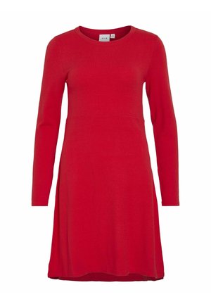 Robe longue rouge à manches longues en tissu doux, dotée d'un col rond et d'une coupe décontractée qui s'évasent à partir de la taille jusqu'à un ourlet au niveau du genou.