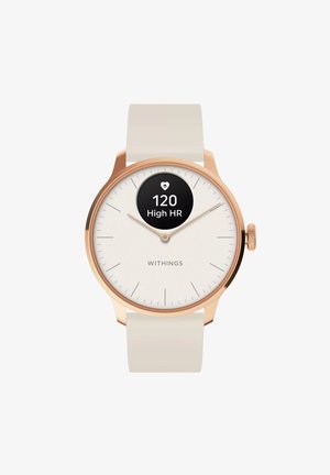 Runde Smartwatch mit einem roségoldenen Gehäuse, weißem Zifferblatt und beigem Silikonarmband. Das Display zeigt die Herzfrequenz und den Markennamen "Withings" an.