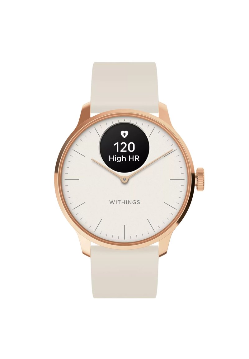 Smartwatch rotondo con cassa in oro rosa, quadrante bianco e cinturino in silicone beige. Il display mostra la frequenza cardiaca e il nome del marchio "Withings".