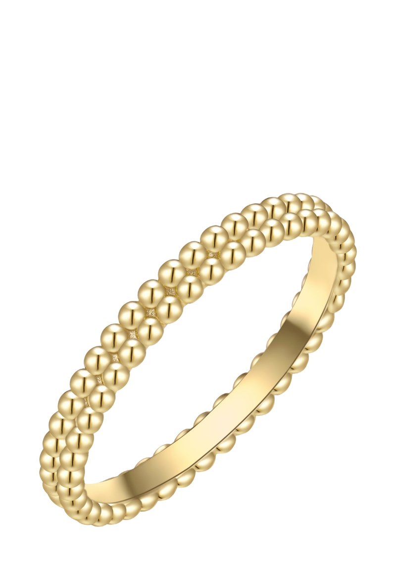 Zlati prstan z obliko z bisernim dizajnom, ki vključuje majhne, enakomerno razporejene krogle, gladko notranjo površino in enotno krožno obliko.