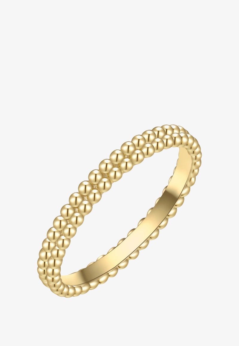 Zlati prstan z obliko z bisernim dizajnom, ki vključuje majhne, enakomerno razporejene krogle, gladko notranjo površino in enotno krožno obliko.